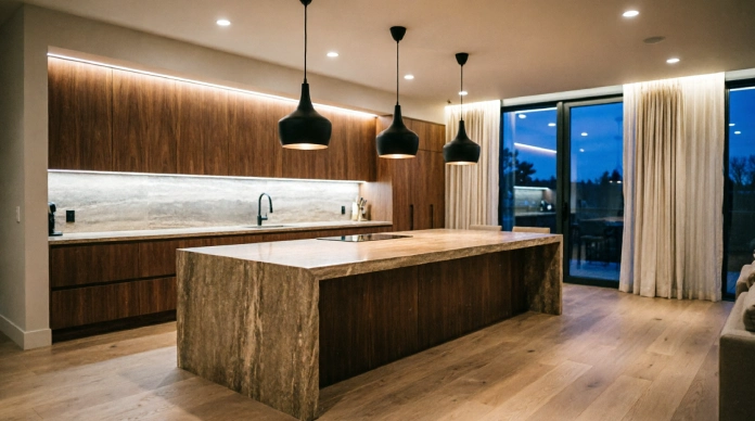 Luxury kitchen ideas with warm layered designer kitchen lighting