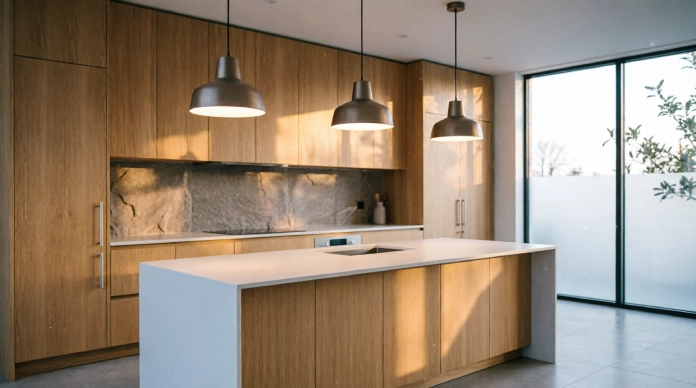 11 Stunning Kitchen Cabinet Designs to Elevate Your Kitchen in 2026 2 Flat-panel oak kitchen cabinet designs in a modern kitchen
