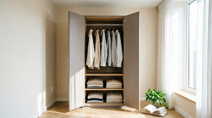 No Closet? No Problem! 10 Brilliant Bedroom Storage Ideas to Transform Your Space 1 Bedroom storage ideas: Tall freestanding wardrobe with hanging and folded clothes