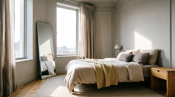 Bedroom mirror ideas using a full-length mirror beside a window to reflect daylight