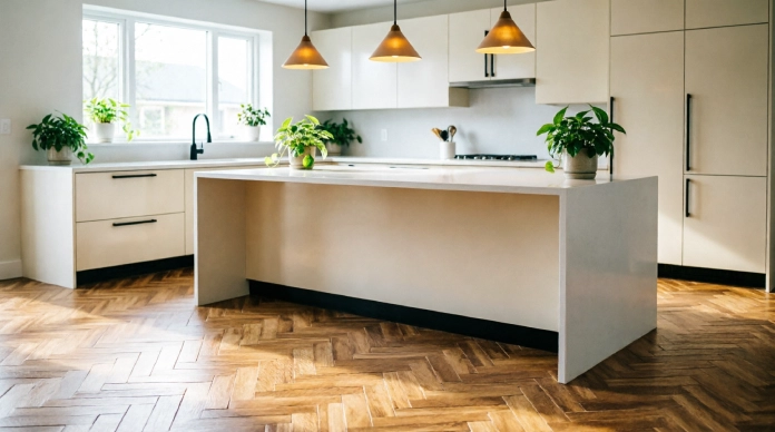 11 Inspiring Kitchen Flooring Ideas That Look Expensive & Last for Years 2 Kitchen flooring ideas with herringbone wood-look tiles