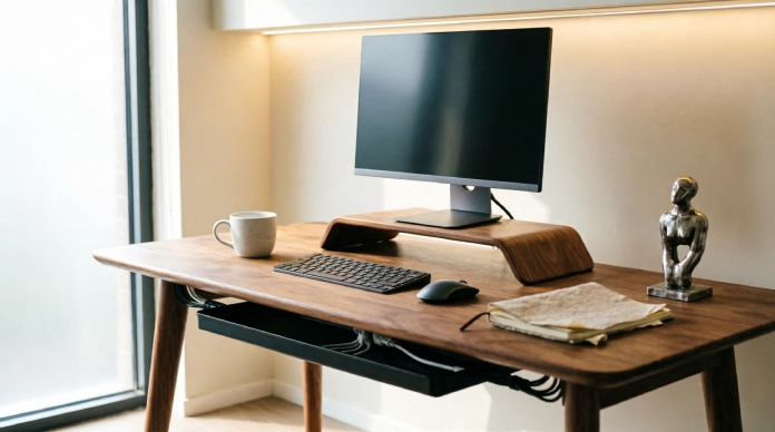 11 Genius Home Office Desk Setup Hacks to Boost Your Productivity 1 Home office desk setup with organized cables and monitor riser