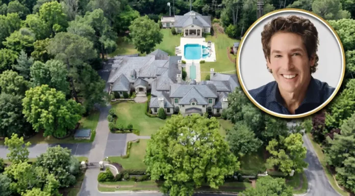 Joel Osteen House: Exclusive Tour of His $10.5 Million Lavish Home Joel Osteen house aerial view showing a large luxury mansion, swimming pool, landscaped grounds, and surrounding trees