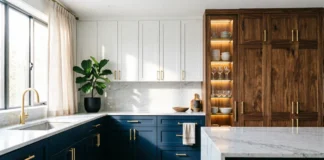 11 Gorgeous Kitchen Cabinet Designs to Elevate Your Kitchen in 2026 Modern kitchen cabinet designs featuring navy blue shaker base cabinets, white upper cabinets, walnut wood pantry cabinets, brass hardware, and marble countertops