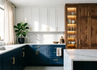 11 Gorgeous Kitchen Cabinet Designs to Elevate Your Kitchen in 2026 Modern kitchen cabinet designs featuring navy blue shaker base cabinets, white upper cabinets, walnut wood pantry cabinets, brass hardware, and marble countertops