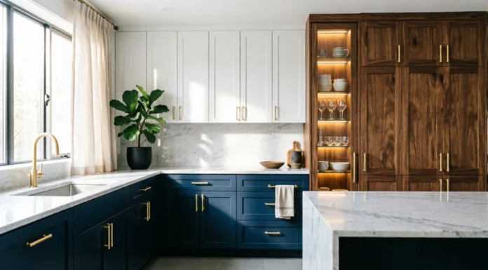 11 Gorgeous Kitchen Cabinet Designs to Elevate Your Kitchen in 2026 Modern kitchen cabinet designs featuring navy blue shaker base cabinets, white upper cabinets, walnut wood pantry cabinets, brass hardware, and marble countertops