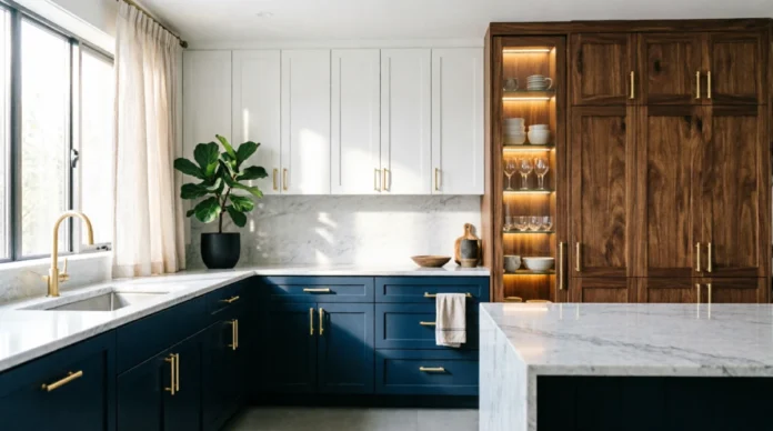 Kitchen Cabinet Designs That Instantly Upgrade Your Home Modern kitchen cabinet designs featuring navy blue shaker base cabinets, white upper cabinets, walnut wood pantry cabinets, brass hardware, and marble countertops