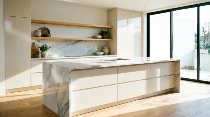 Kitchen countertop ideas featuring a modern quartz kitchen island