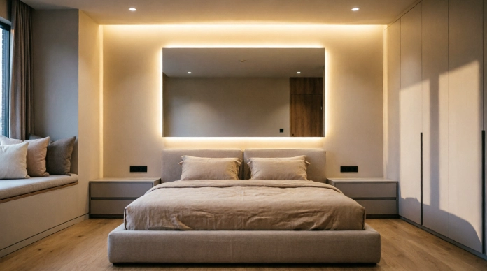 Bedroom mirror ideas featuring a warm LED backlit mirror in a minimalist bedroom