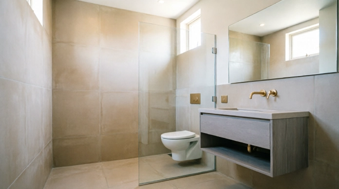 11 Amazing Bathroom Tile Ideas to Make Your Space Look Stylish & Expensive 1 Bathroom tile ideas with large-format beige tiles and minimal grout lines
