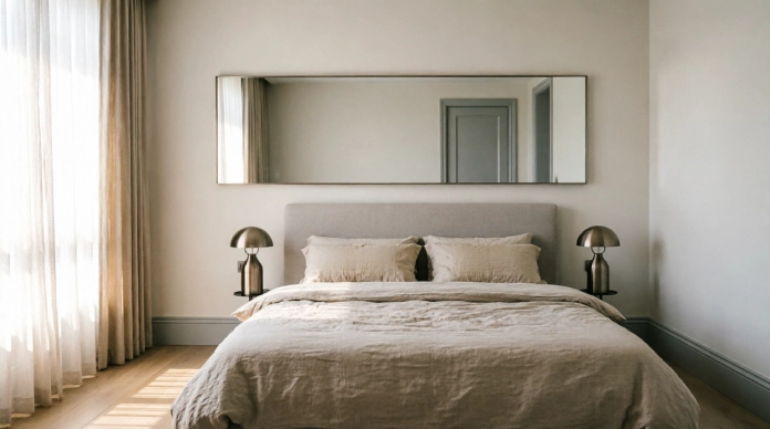 Bedroom mirror ideas with a large horizontal mirror above the bed