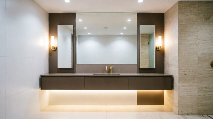 Bathroom lighting ideas using ambient, task, and accent lighting in a modern bathroom
