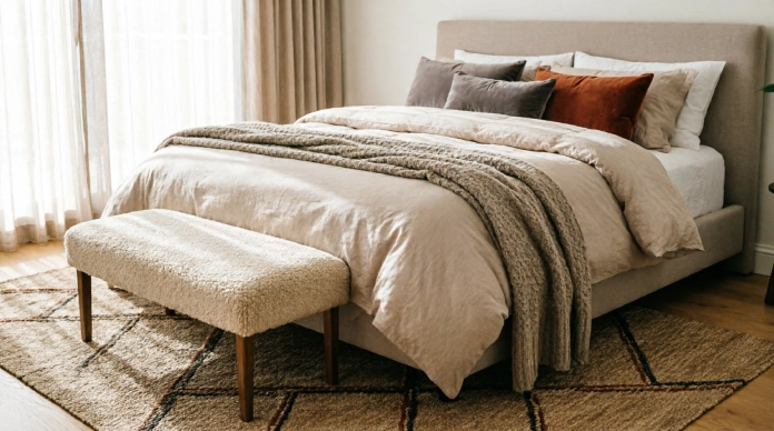 Master bedroom decor ideas with layered bedding and rich textures
