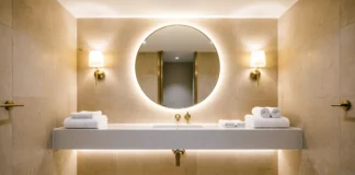 11 Bathroom Lighting Ideas to Brighten Your Space & Make It Look Luxurious Bathroom lighting ideas with layered warm lighting, wall sconces, backlit mirror, and LED vanity lighting