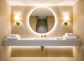11 Bathroom Lighting Ideas to Brighten Your Space & Make It Look Luxurious Bathroom lighting ideas with layered warm lighting, wall sconces, backlit mirror, and LED vanity lighting