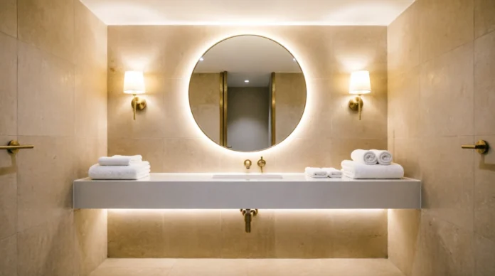 Bathroom lighting ideas with layered warm lighting, wall sconces, backlit mirror, and LED vanity lighting