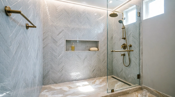 Luxury bathroom renovation with custom porcelain tile shower