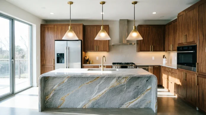 Luxury kitchen ideas featuring a modern marble island and walnut cabinetry