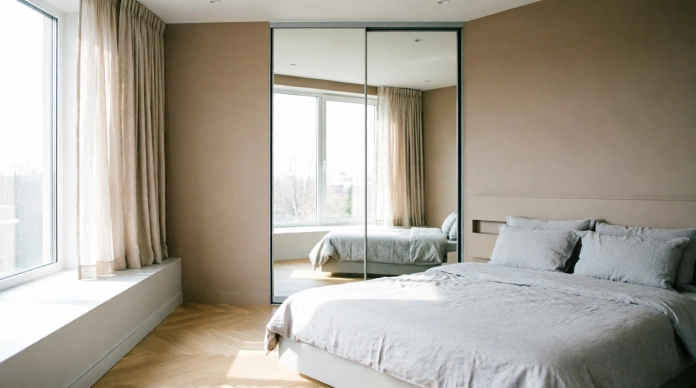 Bedroom mirror ideas using full-height mirrored wardrobe doors in a small bedroom