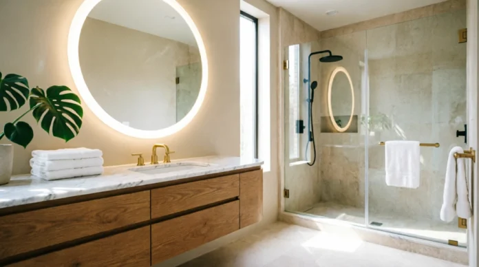 Modern bathroom remodel ideas with vanity, walk-in shower and elegant lighting