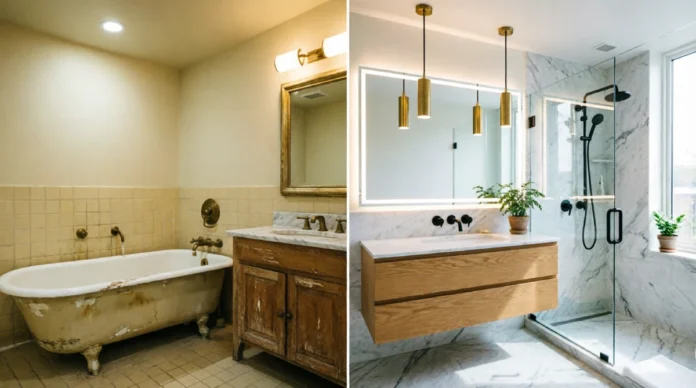 Luxury bathroom renovation before and after transformation with a modern walk-in shower