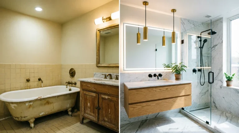 Luxury bathroom renovation before and after transformation with a modern walk-in shower