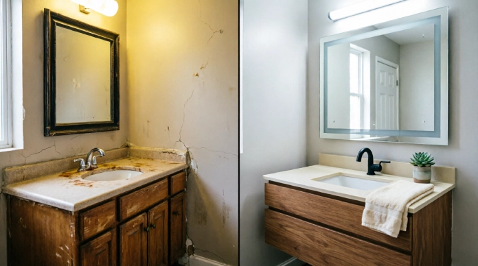 Bathroom remodel ideas featuring a modern floating vanity transformation