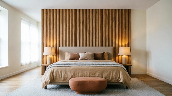 Bedroom accent wall ideas with wood slat paneling behind the bed