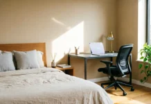 10 Brilliant Bedroom Office Combo Ideas for Small Spaces Modern bedroom office combo ideas with a stylish desk and comfortable bedroom