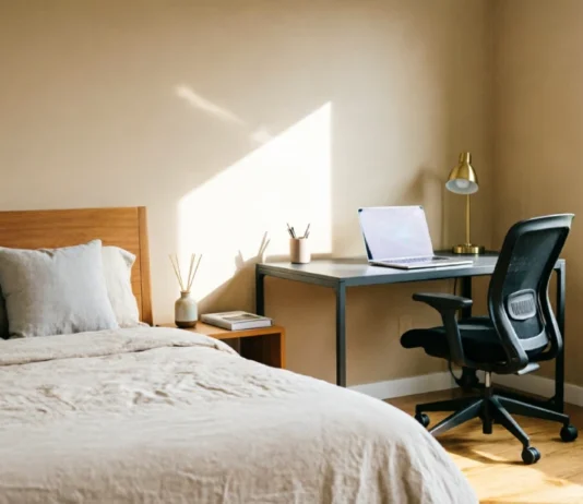 10 Brilliant Bedroom Office Combo Ideas for Small Spaces Modern bedroom office combo ideas with a stylish desk and comfortable bedroom