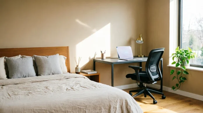 Modern Bedroom Office Combo Workspace Modern bedroom office combo ideas with a stylish desk and comfortable bedroom