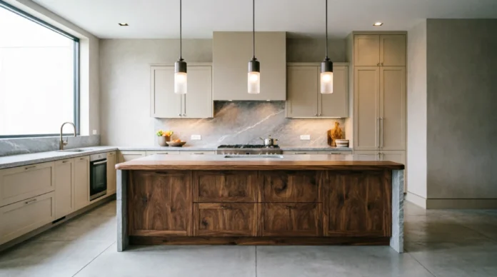 Modern Kitchen Cabinet Designs 2026 Modern kitchen cabinet designs with cream cabinets and a walnut island