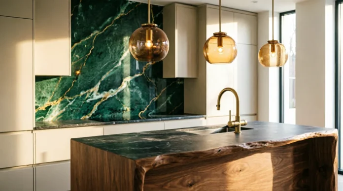 Modern kitchen backsplash ideas with emerald marble