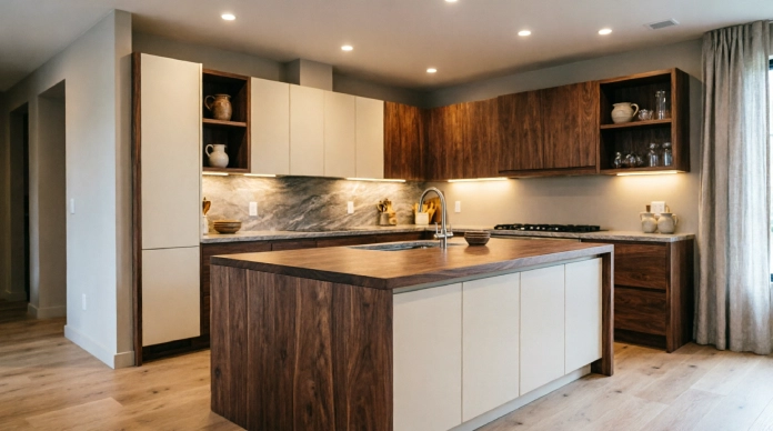 11 Stunning Kitchen Cabinet Designs to Elevate Your Kitchen in 2026 4 Natural wood kitchen cabinet designs with a walnut island and cream cabinets