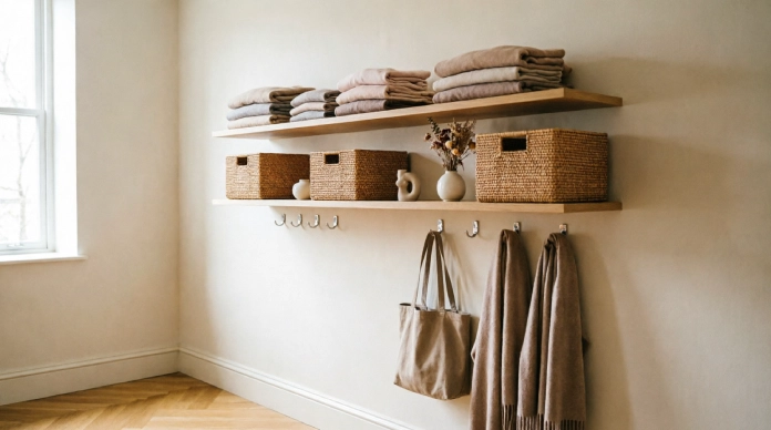No Closet? No Problem! 10 Brilliant Bedroom Storage Ideas to Transform Your Space 4 Open bedroom shelves with folded clothes and storage baskets