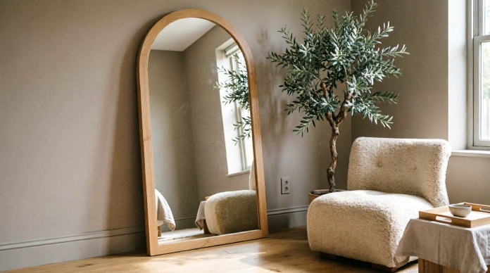 Bedroom mirror ideas with an oversized arched floor mirror beside a reading chair