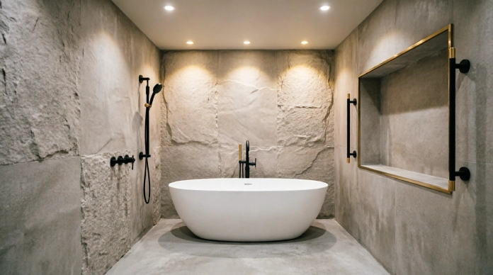 Bathroom lighting ideas using recessed spotlights to highlight textured tiles and bathroom features