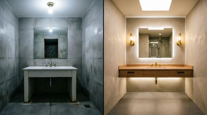 Bathroom lighting ideas showing a small bathroom makeover from harsh lighting to warm layered lighting