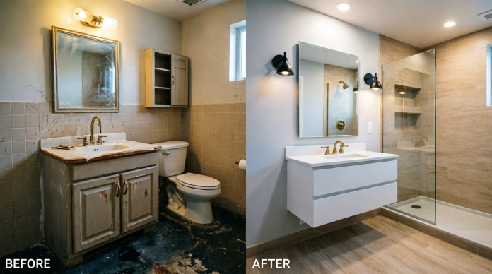 Bathroom remodel ideas showing a small bathroom before and after transformation