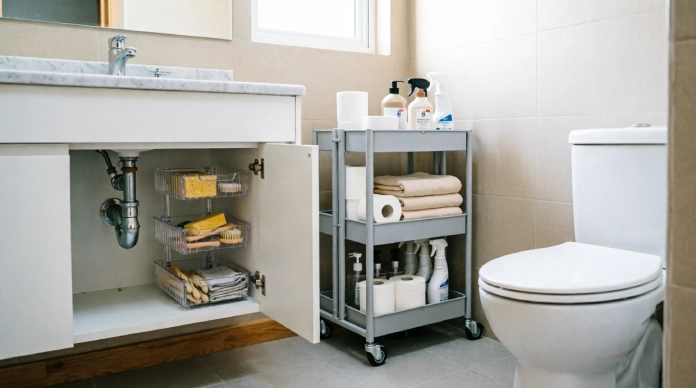 Small bathroom storage ideas with a slim rolling cart and under sink organizer