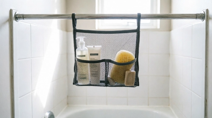 Small shower storage hack with a hanging mesh caddy