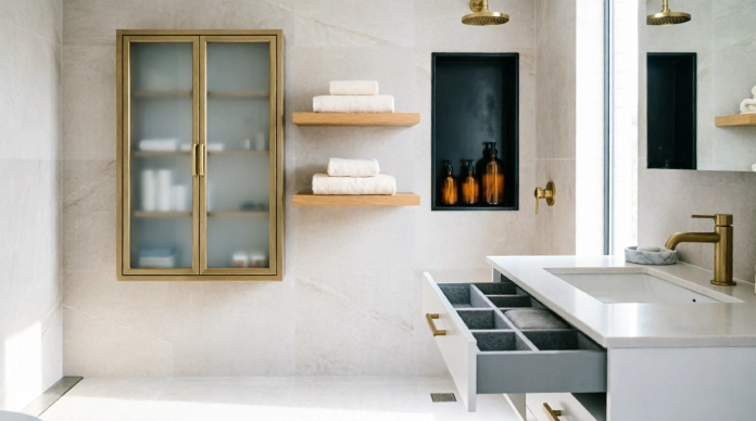 Bathroom remodel ideas with recessed storage and organized vanity drawers