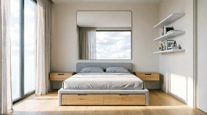 Small master bedroom ideas with floating nightstands and vertical storage