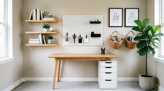 Home office organization ideas using floating shelves and wall storage solutions