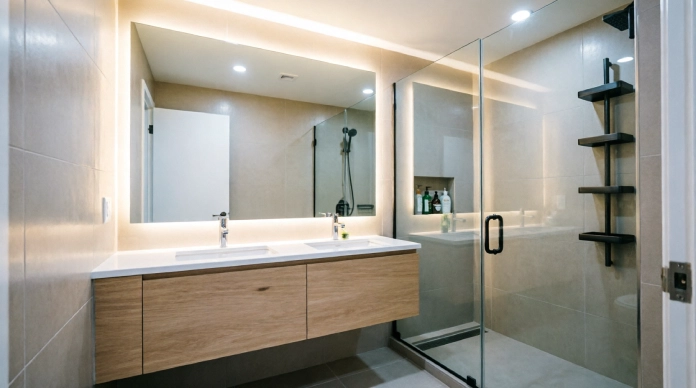 Small bathroom remodel ideas with a floating vanity and glass shower