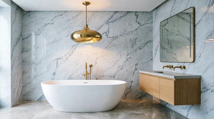 Bathroom lighting ideas with a statement brass pendant light above a freestanding bathtub