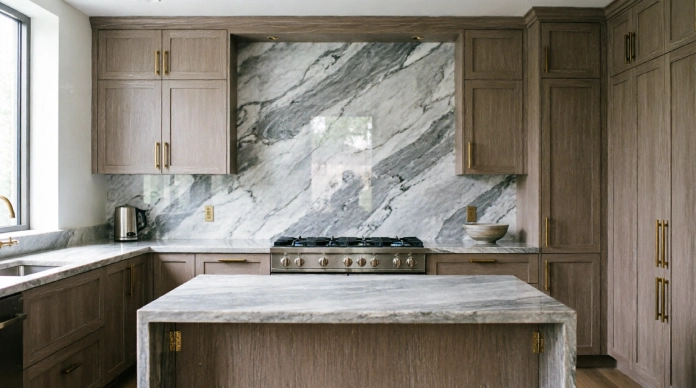 Luxury kitchen ideas with a full-slab marble statement backsplash