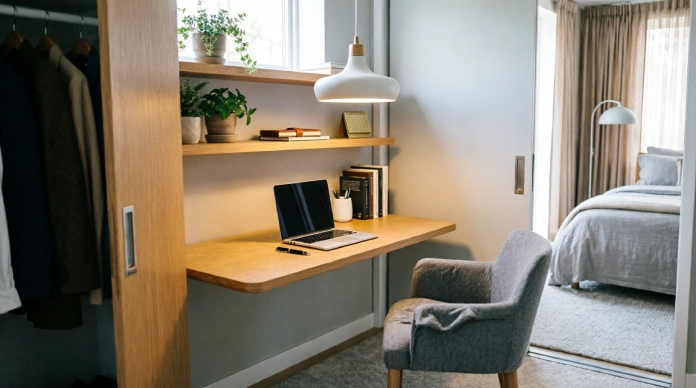 10 Brilliant Bedroom Office Combo Ideas for Small Spaces 1 Bedroom office combo ideas featuring a compact closet workspace with floating shelves