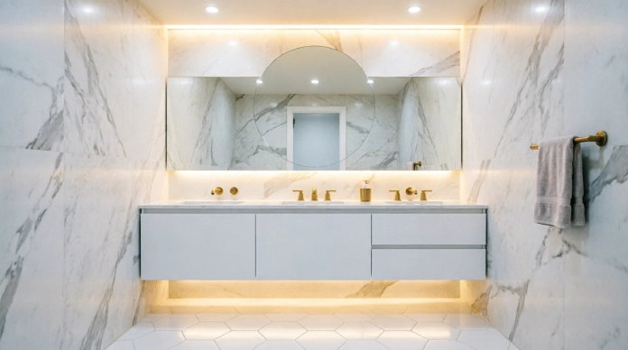 11 Amazing Bathroom Tile Ideas to Make Your Space Look Stylish & Expensive 3 Bathroom tile ideas with white marble-look tiles and a monochrome color palette
