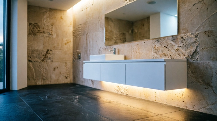 Bathroom lighting ideas with warm LED strips under a floating vanity